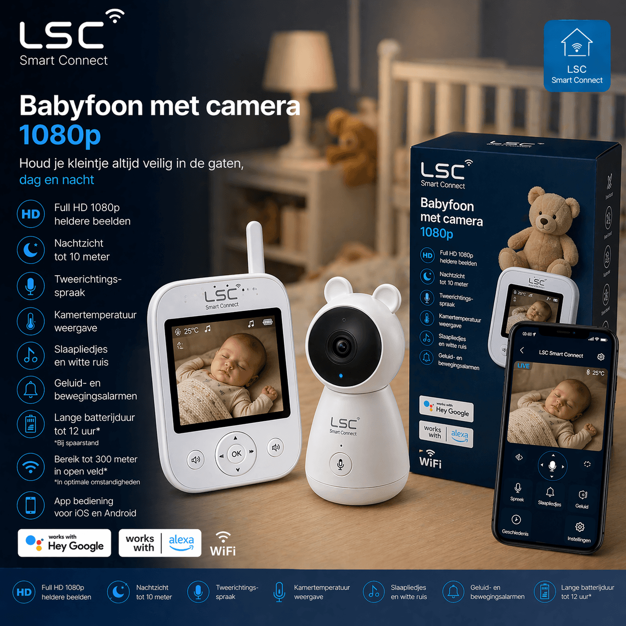 LSC Babyfoon met camera wit 1080p — slim in de kinderkamer