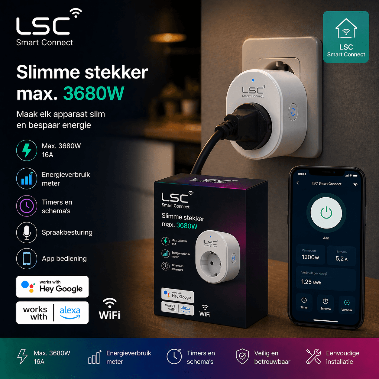 LSC Slimme stekker max 3680W — energiemeting inbegrepen