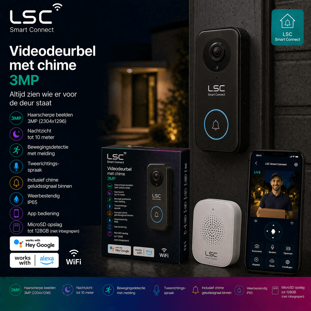 LSC Videodeurbel met chime 3MP — slim aan de deur